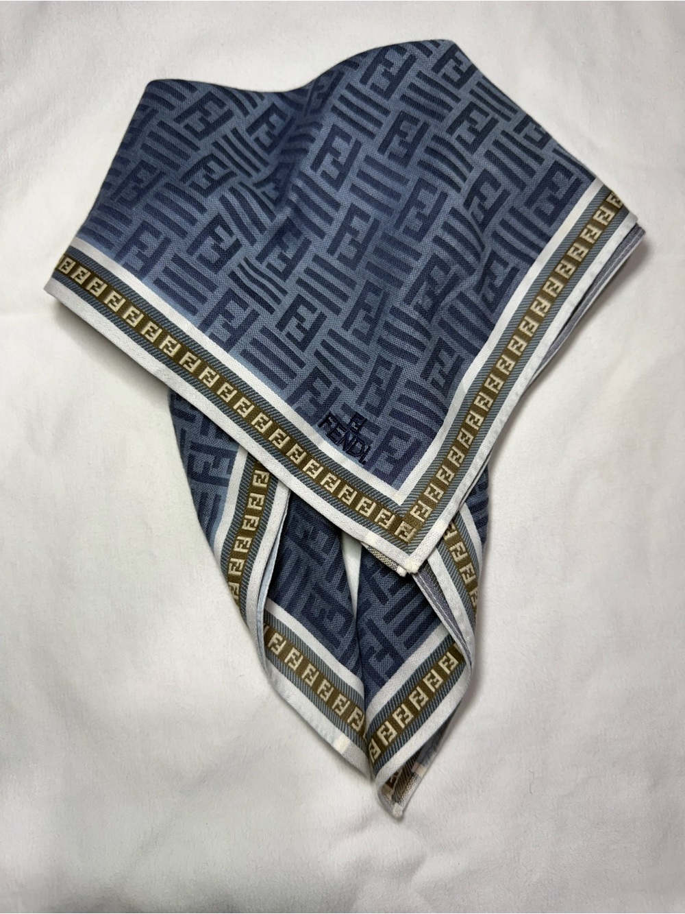 Fendi Blue Monogram Silk Scarf with Gold Trim